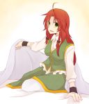  1girl blanket braid chinese_clothes green_eyes green_hair highres hong_meiling lifting_covers long_hair looking_at_viewer open_mouth pants_under_skirt redhead shirt sitting skirt skirt_set smile solo touhou twin_braids very_long_hair vest yuuta_(monochrome) 