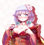  1girl bare_shoulders blue_eyes blush bow braid breasts cleavage flower hair_bow hair_flower hair_ornament highres izayoi_sakuya japanese_clothes kimono large_breasts looking_at_viewer short_hair silver_hair solo takahero touhou twin_braids 