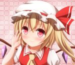  1girl blonde_hair blush bow flandre_scarlet hat hat_bow kuroganeruto red_eyes side_ponytail solo touhou wings 