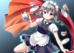  1girl apron blue_eyes blush braid cup dish izayoi_sakuya maid maid_headdress nekosugi_(hoshi) ribbon short_hair short_sleeves silver_hair skirt solo tablecloth teacup teapot touhou twin_braids vest 