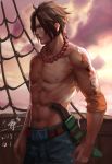  1boy black_hair buckle dated elbow_pads jewelry knife male navel necklace nipples one_piece ping_(caoyanping198793) portgas_d_ace sheath sheathed ship shirtless short_hair signature solo 