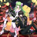  2014 bare_shoulders black_hair boots breasts cheese-kun cleavage code_geass code_geass:_boukoku_no_akito creayus elbow_gloves eyepatch feather_boa food fruit gloves grapes green_hair high_heels julius_kingsley lelouch_lamperouge midriff thigh_boots thighhighs violet_eyes yellow_eyes 
