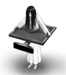  1girl black_hair hair_over_one_eye long_hair monitor ogamiya_jin simple_background solo tears the_ring white_background yamamura_sadako 