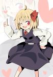  1girl ahoge blonde_hair bow hair_bow hand_on_hip heart heart-shaped_pupils pointing red_eyes rumia solo symbol-shaped_pupils touhou wink yabu_q 