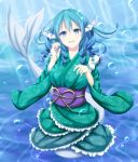  1girl animal_ears blue_eyes blue_hair bubble head_fins highres japanese_clothes kimono long_sleeves mermaid monster_girl obi open_mouth short_hair smile solo touhou underwater wakasagihime wide_sleeves 