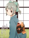  1girl 30re alternate_costume ass back black_eyes bow grey_hair hair_bow happy_new_year japanese_clothes kantai_collection kimono looking_at_viewer looking_over_shoulder obi personification ponytail sliding_doors smile solo text translated yuubari_(kantai_collection) 