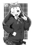 1girl blush hairband hand_on_hip idolmaster long_hair looking_at_viewer minase_iori monochrome open_mouth smile solo tkhs wink 