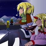  2girls alternate_costume black_legwear blonde_hair from_behind horn hoshiguma_yuugi lowres mizuhashi_parsee multiple_girls nekokokazuma night pantyhose pointy_ears sakazuki scarf side sitting touhou 