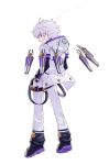 1boy add_(elsword) artist_request belt elsword gloves glowing glowing_eye grin hands_in_pockets highres hoodie jacket looking_back male official_art pants shirt shoes smile solo violet_eyes white_background white_hair 