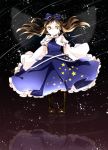  1girl blue_dress boots bow brown_eyes brown_hair capelet cross-laced_footwear dress fairy_wings hair_bow highres lace-up_boots long_hair long_sleeves reflection revision shirt solo star star_sapphire touhou wide_sleeves wind wings yonu_(yonurime) 