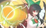  1girl arm_cannon black_hair black_wings bow breasts cube85 hair_bow large_breasts long_hair open_mouth red_eyes reiuji_utsuho shirt smile solo third_eye touhou weapon white_shirt wings 
