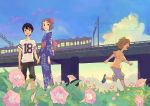  1girl 2boys black_hair bridge brown_hair flower highres holding_hands japanese_clothes kamisama_ga_uso_o_tsuku kimono multiple_boys nanao_natsuru ozaki_kaori suzumura_rio suzumura_yuuta train yukata 