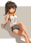  1girl bare_shoulders blush brown_eyes brown_hair dark_skin i-401_(kantai_collection) kantai_collection katahira_masashi looking_at_viewer one-piece_swimsuit personification ponytail sailor_collar school_swimsuit school_uniform short_hair solo swimsuit 