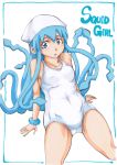  1girl blue_eyes blue_hair fukuitakumi hat ikamusume long_hair one-piece_swimsuit shinryaku!_ikamusume solo swimsuit tentacle_hair 