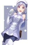  1girl aila_jyrkiainen bag bare_shoulders blue_eyes boots breasts elbow_gloves food fur_trim gloves gundam gundam_build_fighters hat large_breasts long_hair nikuman open_mouth pantyhose paper_bag silver_hair siva_(executor) solo thigh_boots thighhighs 