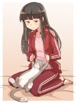 1girl barefoot black_hair cat character_request e20 kantai_collection long_hair open_clothes open_jacket track_jacket track_pants 