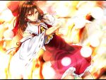  1girl arm_up ascot bow brown_hair danmaku detached_sleeves facing_away fiery_background fire gohei hair_bow hair_tubes hakurei_reimu leaning_back long_hair parted_lips red_eyes skirt skirt_set solo touhou yuhito_(ablbex) 