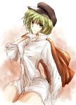  1girl bare_legs cabbie_hat collared_shirt green_eyes green_hair hat jacket looking_at_viewer naked_shirt open_clothes open_shirt over_shoulder popped_collar rhapsode short_hair soga_no_tojiko solo touhou 