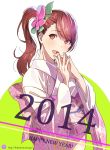  1girl 2014 brown_eyes brown_hair flower hair_flower hair_ornament happy_new_year japanese_clothes kimono long_hair looking_at_viewer mizore_syrup open_mouth original side_ponytail smile solo steepled_fingers 