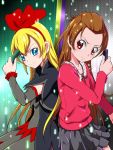  2girls blonde_hair blue_eyes bow brown_hair dokidoki!_precure female gaia_memory hair_bow kamen_rider kamen_rider_w long_hair madoka_aguri multiple_girls parody precure red_eyes regina_(dokidoki!_precure) tj-type1 