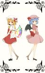  2girls aoi_(annbi) ascot bat_wings blonde_hair blue_hair blush crystal dress family flandre_scarlet frilled_skirt frills full_body hat hat_ribbon high_heels highres looking_at_viewer mob_cap multiple_girls open_mouth pink_dress ponytail puffy_sleeves red_eyes remilia_scarlet ribbon shirt shoes short_hair short_sleeves siblings side_ponytail simple_background sisters skirt smile socks touhou vest white_background white_legwear white_shirt wings 