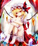  1girl basilis9 blonde_hair bloomers blue_rose curtains dress flandre_scarlet flower hat hat_ribbon highres leg_hug looking_at_viewer mob_cap puffy_sleeves red_dress red_eyes revision ribbon rose shirt short_sleeves side_ponytail sitting smile solo touhou underwear window wings wrist_cuffs 