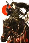  armor arrow black_eyes black_hair bow_(weapon) headband highres horse horseback_riding katana kotoba_noriaki long_hair low-tied_long_hair original reins sheath sheathed sword wakizashi weapon 