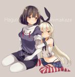  2girls anchor black_hair black_panties blonde_hair blush booota breasts brown_eyes brown_hair character_name elbow_gloves flat_chest gloves haguro_(kantai_collection) hair_ornament hairband kantai_collection long_hair multiple_girls navel panties pantyhose personification sailor_collar shimakaze_(kantai_collection) short_hair sitting skirt smile socks striped striped_legwear thighhighs underwear velt wariza white_gloves white_legwear 