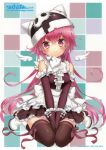  1girl absurdres black_legwear checkered checkered_background copyright_request cuteg detached_sleeves dress hat highres mini_wings pink_eyes pink_hair sitting thighhighs wariza white_wings wings zettai_ryouiki 