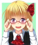  1girl adjusting_glasses ascot bespectacled black_dress blonde_hair blush bust dress glasses hair_ribbon long_sleeves looking_at_viewer open_mouth pink_eyes red-framed_glasses ribbon rumia shirt smile solo touhou yabu_q 