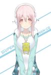  1girl breasts cat_print collarbone headphones izumi_sai jewelry large_breasts long_sleeves looking_at_viewer necklace nitroplus pendant pink_eyes pink_hair shirt smile solo super_sonico v_arms 