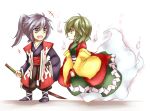  2girls baggy_pants child ghost_tail green_eyes green_hair grey_eyes hand_on_hip hands_together hitodama jacket japanese_clothes kimono mononobe_no_futo multiple_girls obi own_hands_together ponytail rhapsode silver_hair soga_no_tojiko sword touhou v_arms weapon 