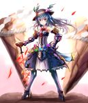  1girl adapted_costume armor armored_dress blue_hair chestnut_mouth food fruit hand_on_hip hat hinanawi_tenshi long_hair looking_at_viewer metal_boots metal_gloves open_mouth peach pink_eyes rope seal shimenawa solo sumapan sword_of_hisou touhou wind 