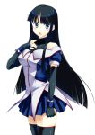  1girl black_hair black_legwear blue_eyes breasts elbow_gloves fingerless_gloves gloves hand_on_own_chest kuri_youkan long_hair school_uniform solo thighhighs touma_kazusa white_album white_album_2 