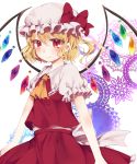  1girl ascot blonde_hair bow flandre_scarlet hachimitsu_ame_(phoenix) hat hat_bow highres looking_at_viewer mob_cap puffy_sleeves red_eyes shirt short_sleeves side_ponytail skirt skirt_set slit_pupils smile solo touhou vest wings 