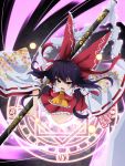  1girl ascot bow detached_sleeves dress floral_print gohei hair_bow hair_tubes hakurei_reimu highres long_sleeves magic_circle open_mouth polearm purple_hair red_dress rihito_(usazukin) solo spell_card touhou weapon wide_sleeves yellow_eyes 