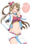  1girl belt blush bow breasts brown_eyes brown_hair candy clearite hair_bow jacket long_hair looking_at_viewer love_live!_school_idol_project midriff minami_kotori navel open_clothes open_jacket open_mouth shorts simple_background smile solo tank_top translation_request wink 