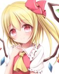  1girl blonde_hair bow flandre_scarlet hair_bow kuroganeruto red_eyes side_ponytail solo tilted_head touhou white_background wings 