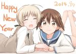  2014 barefoot blush braid brown_eyes brown_hair closed_eyes hands_together happy_new_year long_hair looking_at_viewer lying lynette_bishop miyafuji_yoshika multiple_girls on_stomach sandwich_(artist) short_hair smile strike_witches 