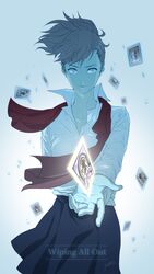  1girl blue bowtie brown_hair female_protagonist_(persona_3) hair_ornament hairclip highres looking_at_viewer persona persona_3 persona_3_portable ponytail school_uniform signature skirt smirk solo unbuttoned untied wind wind_lift yoshida_shiro 