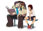  1boy 1girl android arm_rest backpack bag bench between_legs blue_eyes blush book brown_eyes brown_hair graphite_(medium) grin hand_behind_head hand_between_legs holding holding_book knees knees_apart_feet_together ladic looking_at_another mixed_media necktie no_laces open_book open_mouth original pink_shirt robot_joints scan scan_artifacts shoes short_hair simple_background sitting size_difference skirt smile sneakers socks sweatdrop traditional_media very_short_hair white_background wristband 