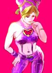  1girl blonde_hair braid closed_eyes double_bun glenn343434 jojo_no_kimyou_na_bouken kuujou_jolyne lipstick makeup midriff multicolored_hair purple_hair solo two-tone_hair 