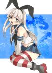  1girl absurdres blonde_hair blush boots elbow_gloves flat_chest gloves hairband highres ika_(seppia) kantai_collection long_hair navel sailor_collar shimakaze_(kantai_collection) skirt socks solo striped striped_legwear thighhighs underwear white_gloves 