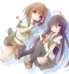  2girls ahoge annikun black_hair brown_eyes brown_hair dated holding_hands long_hair multiple_girls new_year school_uniform shakugan_no_shana shana short_hair thighhighs wink yoshida_kazumi 