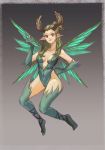  1girl brown_eyes gloves green_hair horns long_hair original pointy_ears solo thighhighs veine wings 