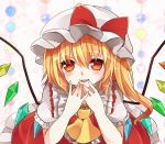  1girl ascot blonde_hair blush crystal fang flandre_scarlet hat looking_at_viewer open_mouth puffy_short_sleeves puffy_sleeves red_eyes ribbon short_hair short_sleeves side_ponytail skirt smile solo touhou vest wings yuria_(kittyluv) 