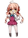  1girl ahoge blush chibi glasses kantai_collection kinakomoti long_hair looking_at_viewer makigumo_(kantai_collection) open_mouth pantyhose personification pink_hair school_uniform simple_background skirt sleeves_past_wrists solo thighband_pantyhose twintails white_background yellow_eyes 