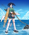  1girl archery arrow bandages black_hair blue_eyes blue_sky blush bow_(weapon) breasts clouds japanese_clothes kantai_collection kuon_yashiro kyuudou ocean personification quiver ribbon rock short_hair single_glove skirt sky solo souryuu_(kantai_collection) twintails water weapon wide_sleeves yugake 