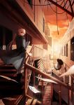  1girl book city fancybetty flying_paper fujiwara_no_mokou long_coat long_hair looking_back pants paper pocket_watch ponytail scenery sleeves_rolled_up stairs sunlight sunset touhou twilight watch 