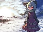  1girl adapted_costume blonde_hair bow brown_dress cloudy_sky dress forest hair_bow hakika kurodani_yamame long_sleeves mittens mountain nature red_eyes scarf scarf_over_mouth shirt slit_pupils snow solo touhou winter 